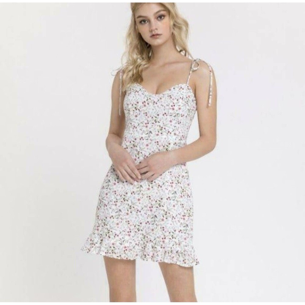 After Market Dress Womens Medium White Floral Sleeveless Tie Strap Ruffle Hem